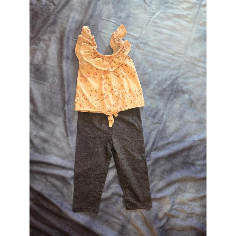 Girls Floral Ruffle Tie-Front Top and Black Legging Set